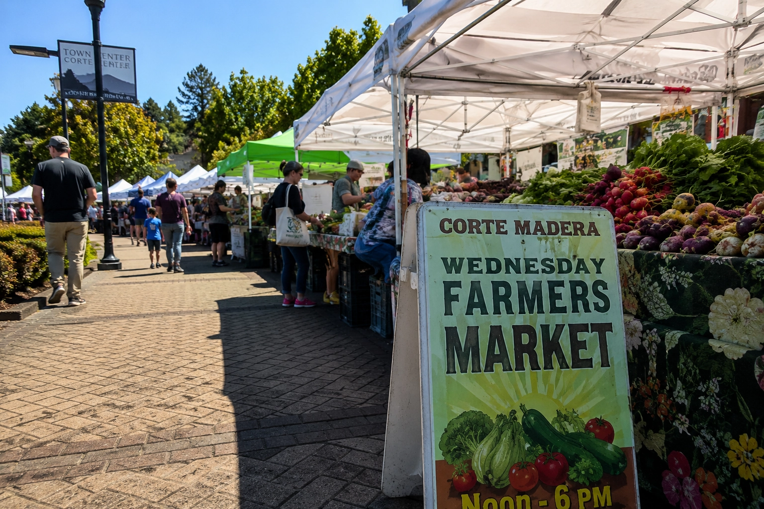 Wednesday Farmers Market at Town Center Corte Madera with produce stalls, white tents, and shoppers on the brick plaza